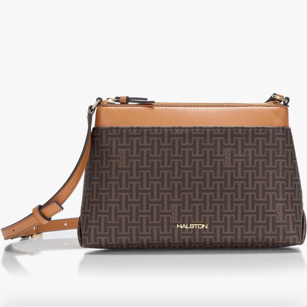 Halston Brown Monogram Crossbody with Oak Leather Trim